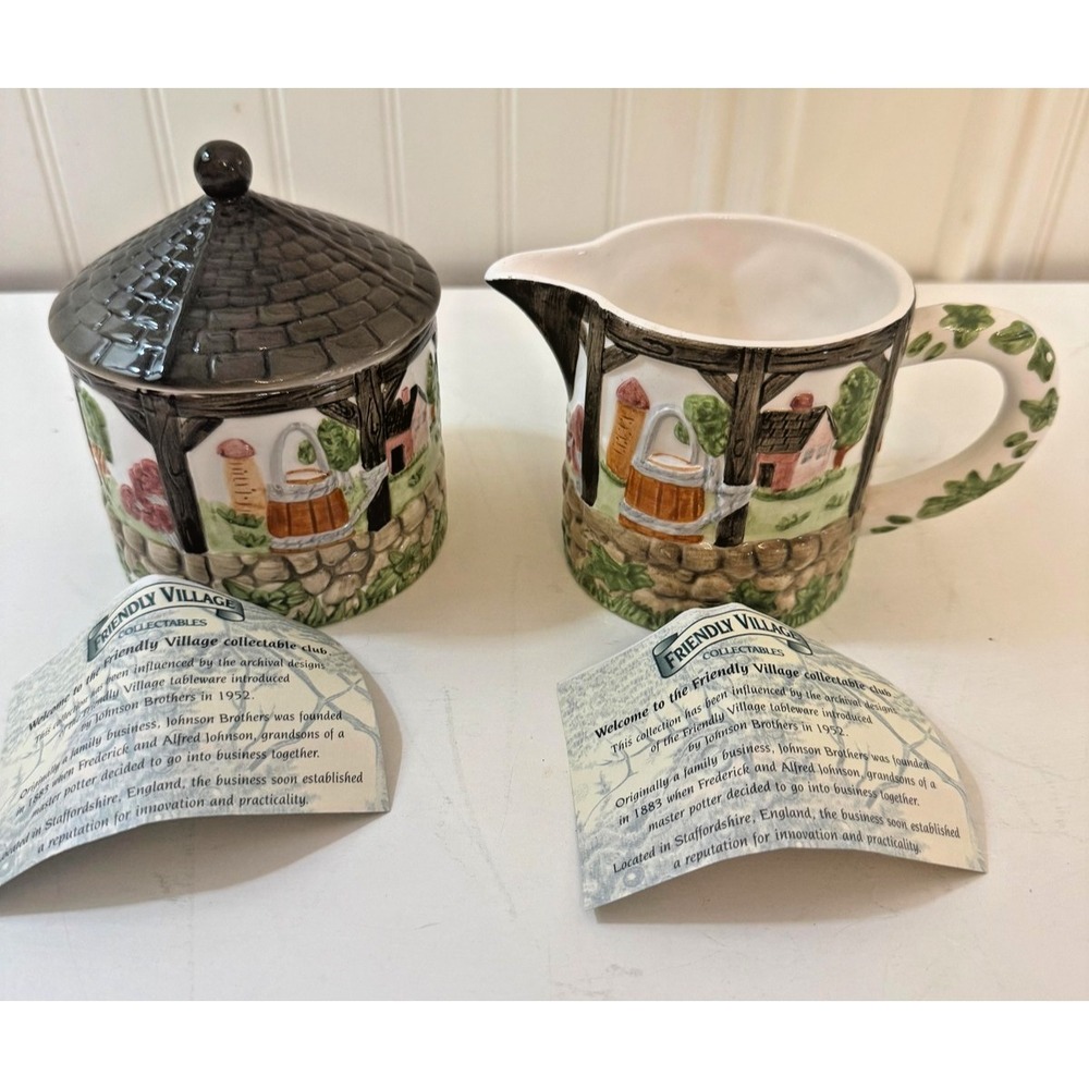 Johnson Bros Creamer & Sugar Set Friendly Village Street Folk Art Cottage
